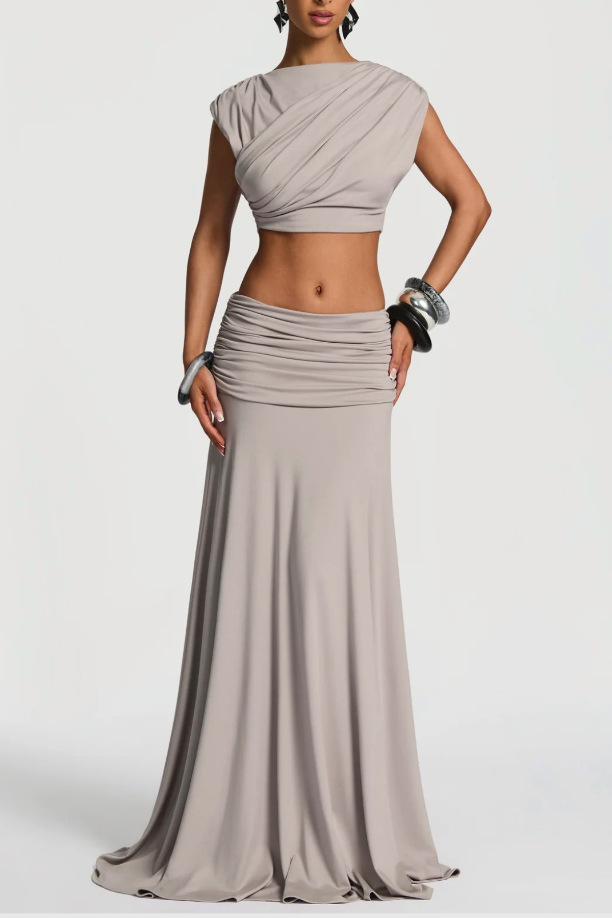 Celestina Crop Top & Ruched Maxi Skirt Set - Grey
