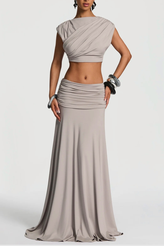 Celestina Crop Top & Ruched Maxi Skirt Set - Grey