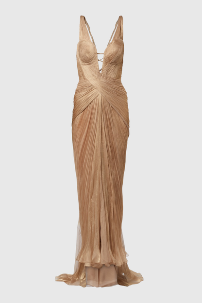 Cerise Bustier Ruched Maxi Dress