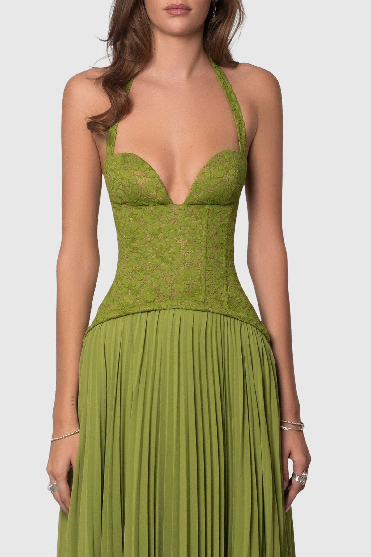 Cevao Halter Lace Pleated Maxi Dress