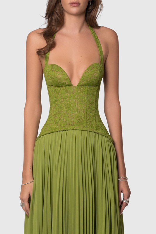 Cevao Halter Lace Pleated Maxi Dress