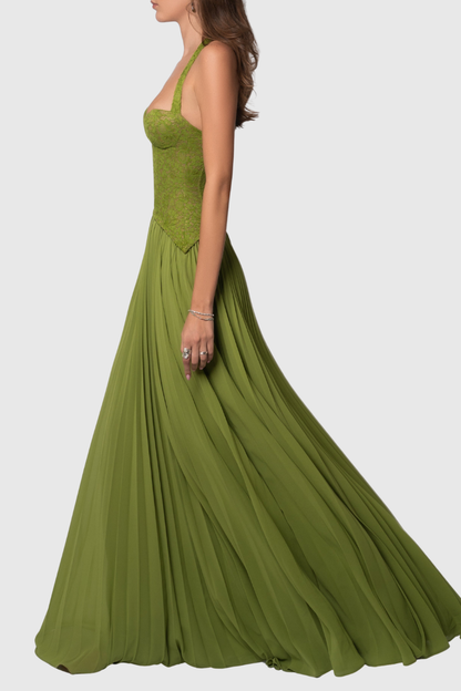 Cevao Halter Lace Pleated Maxi Dress