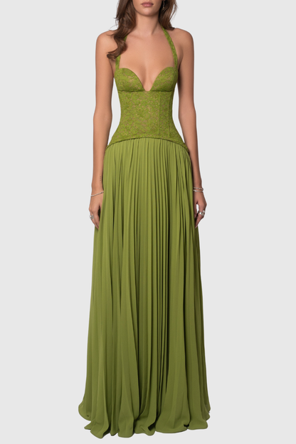 Cevao Halter Lace Pleated Maxi Dress