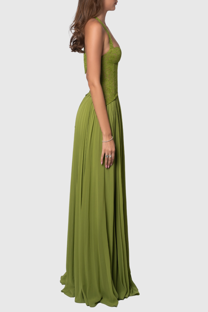 Cevao Halter Lace Pleated Maxi Dress