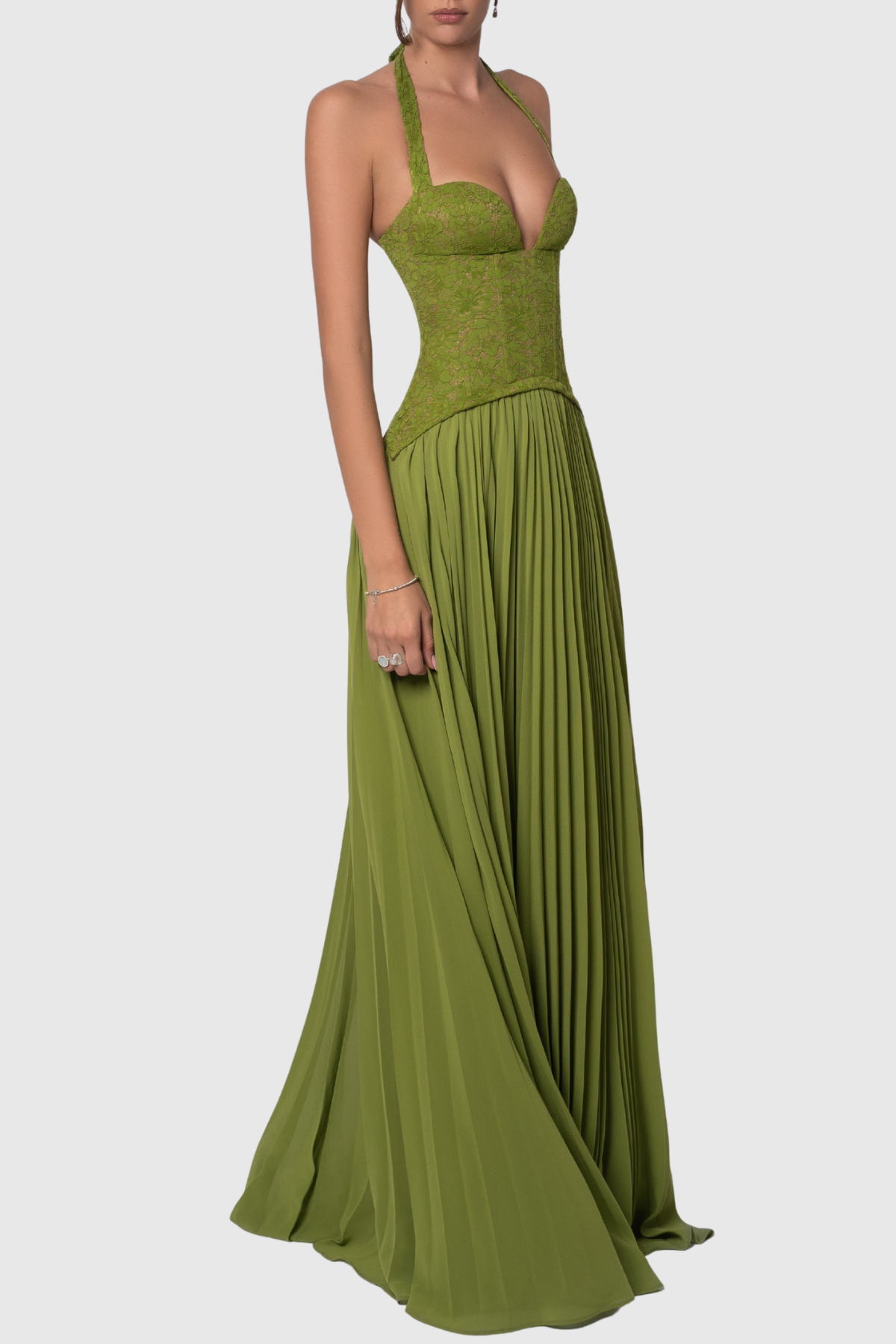 Cevao Halter Lace Pleated Maxi Dress