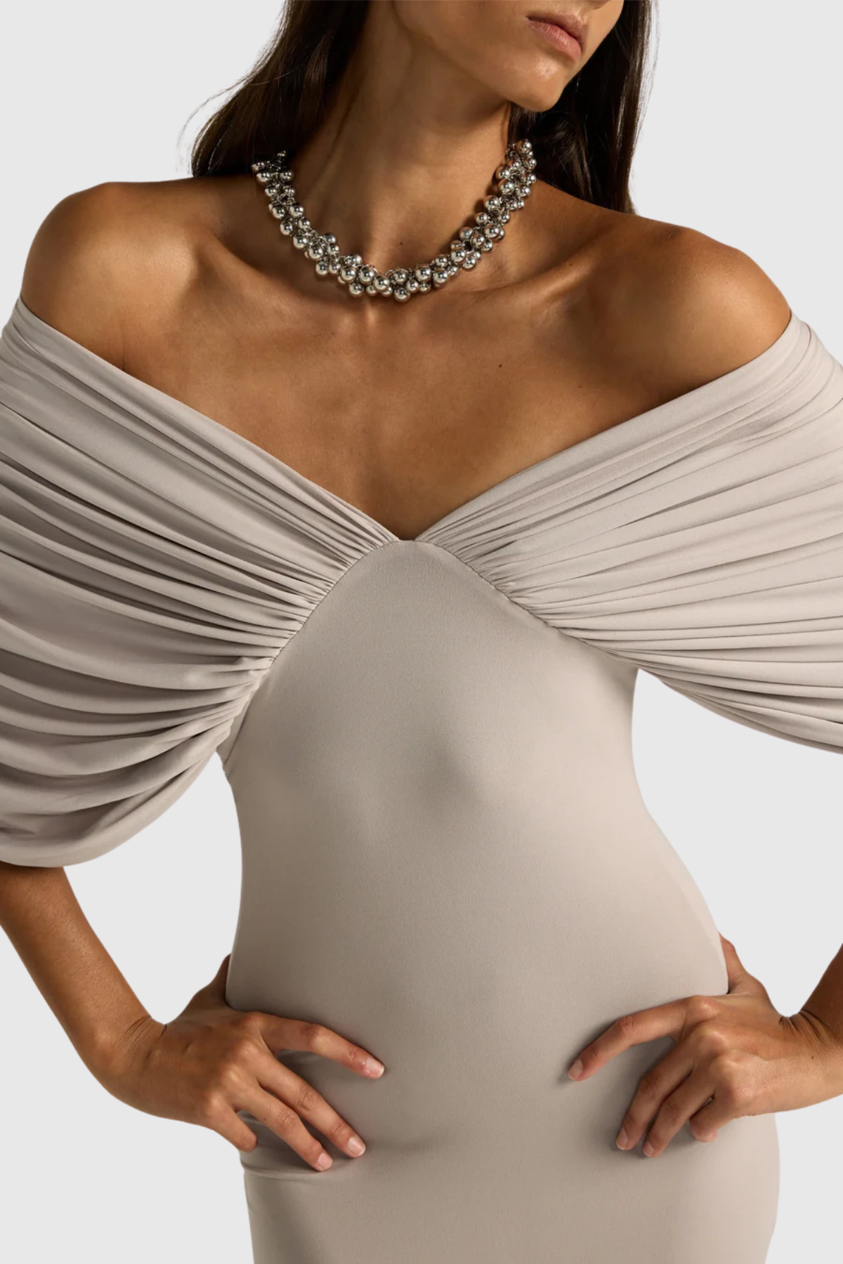 Chansa Off Shoulder Ruched Maxi Dress - Nude