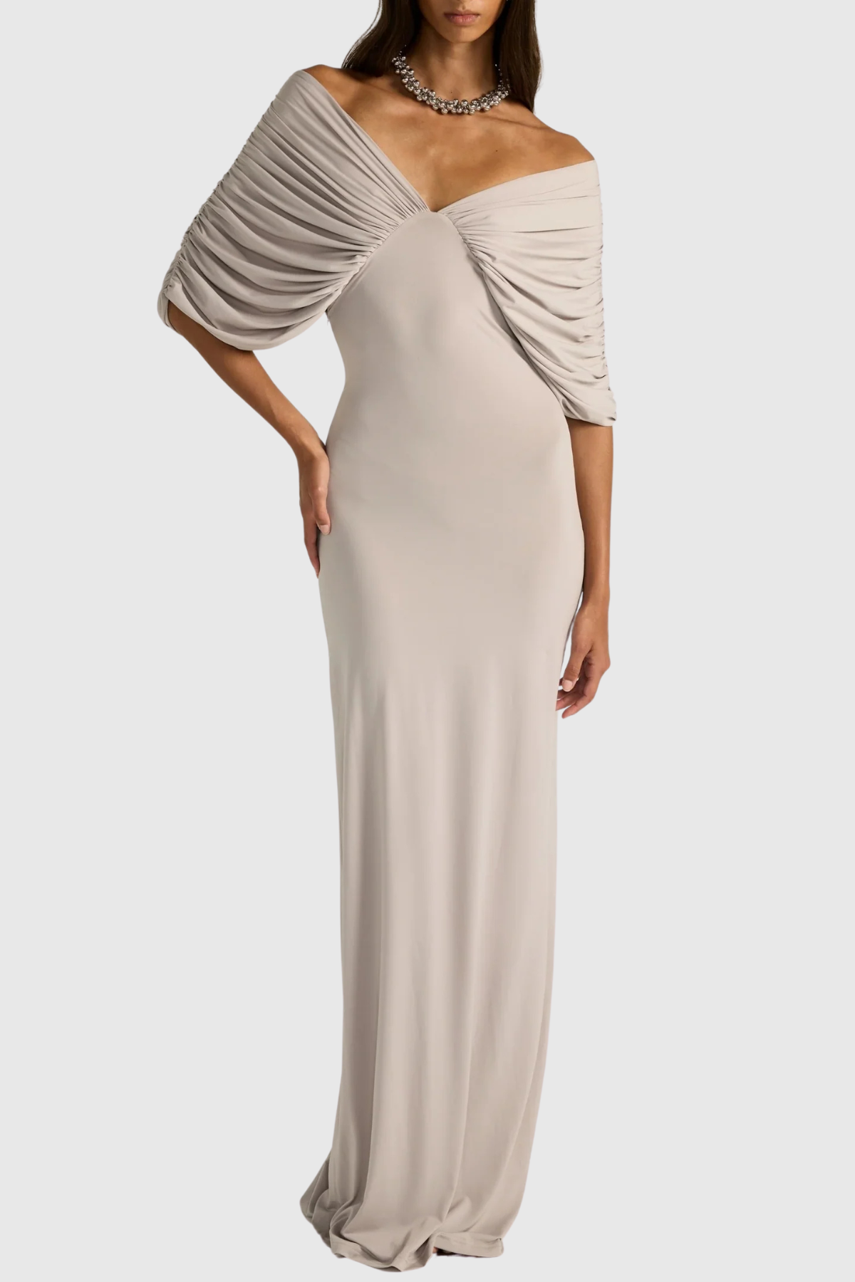 Chansa Off Shoulder Ruched Maxi Dress - Nude