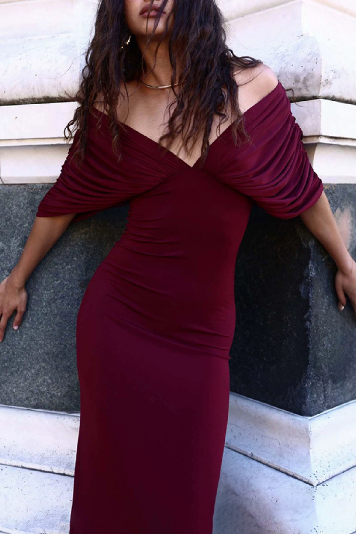 Chansa Off Shoulder Ruched Maxi Dress - Wine