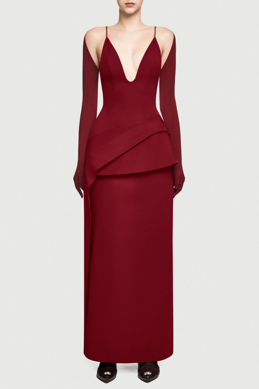 Chapera Asymmetrical Pleat Maxi Dress - Wine