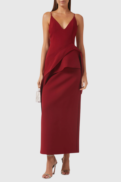 Chapera Asymmetrical Pleat Maxi Dress - Wine