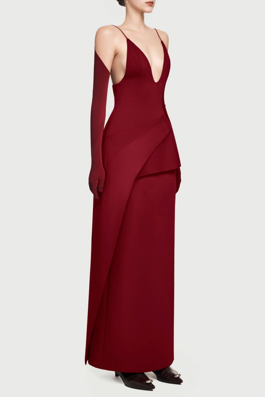 Chapera Asymmetrical Pleat Maxi Dress - Wine
