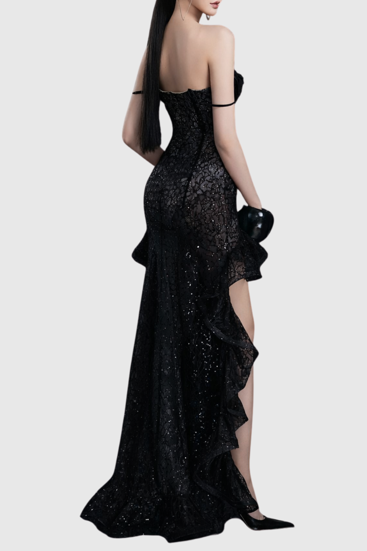 Cheraya Floral Lace Corset Ruffle Maxi Dress - Black