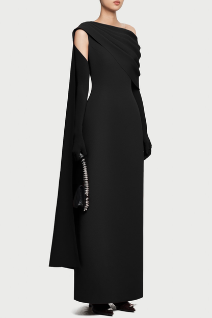 Chesley Asymmetrical Draped Flap Maxi Dress - Black