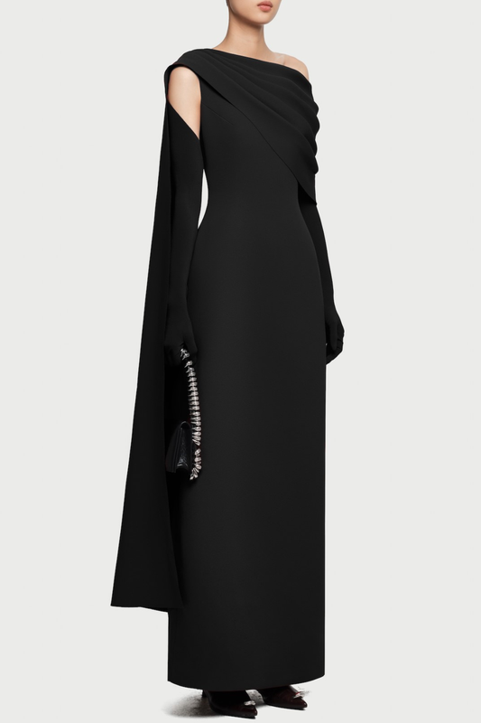 Chesley Asymmetrical Draped Flap Maxi Dress - Black