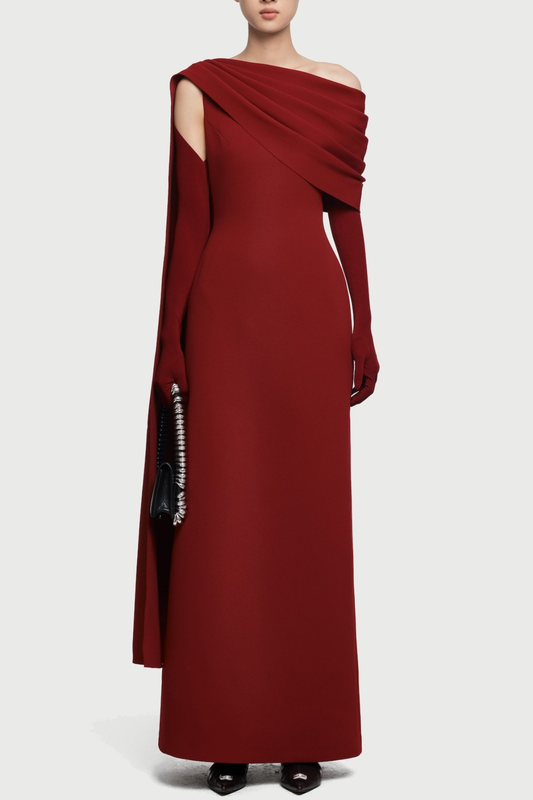 Chesley Asymmetrical Draped Flap Maxi Dress - Wine