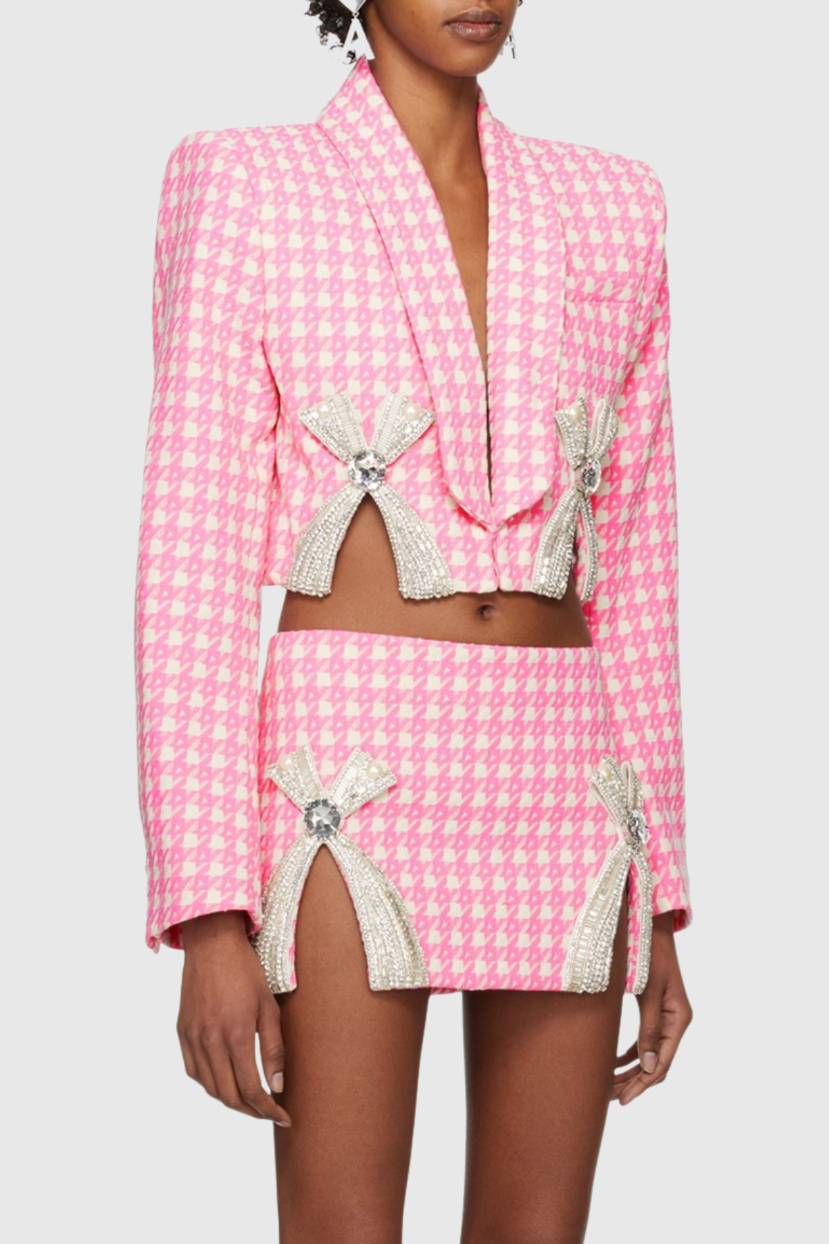 Chieko Houndstooth Bow Embellished Jacket & Mini Skirt Set