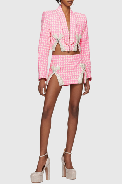 Chieko Houndstooth Bow Embellished Jacket & Mini Skirt Set