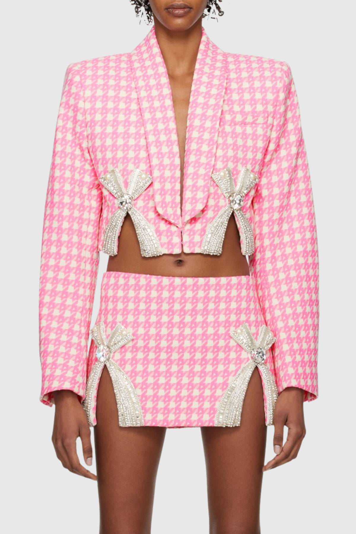 Chieko Houndstooth Bow Embellished Jacket & Mini Skirt Set