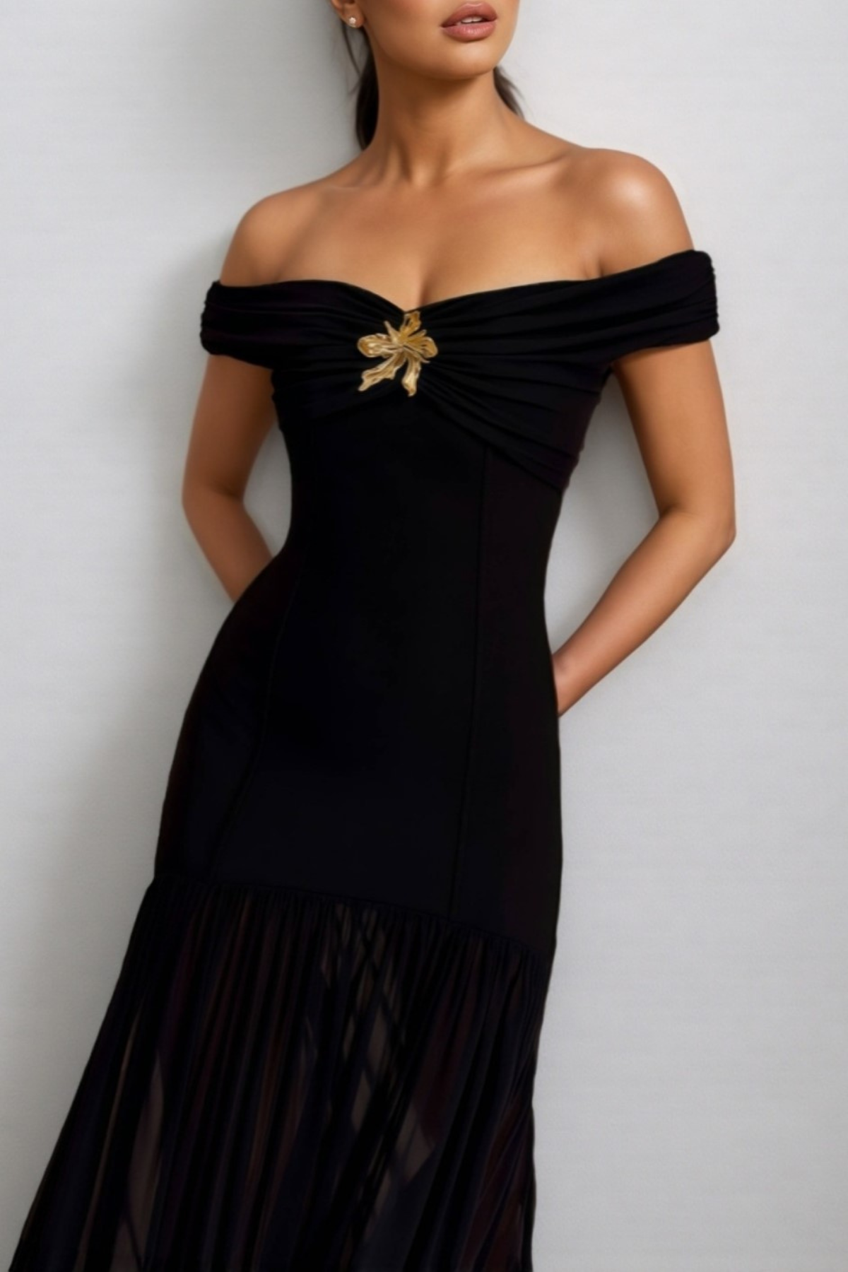 Chiya Off Shoulder Mesh Maxi Dress - Black