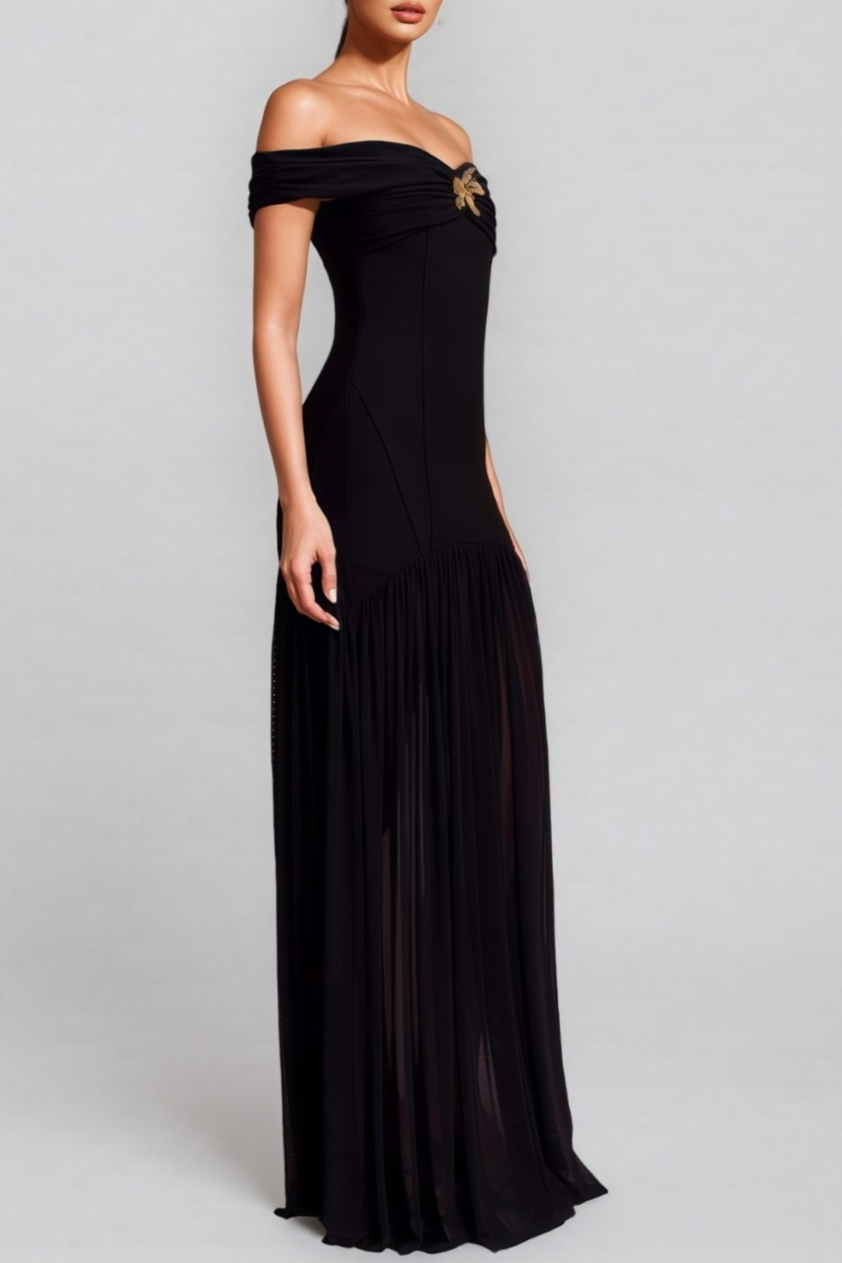 Chiya Off Shoulder Mesh Maxi Dress - Black