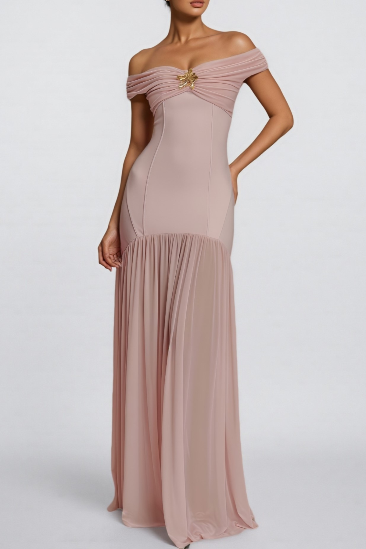 Chiya Off Shoulder Mesh Maxi Dress - Pink