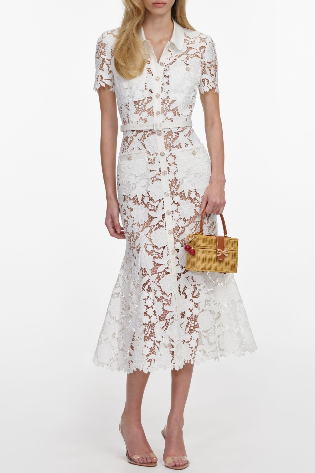 Chrysan Floral Lace Belted Midi Dress