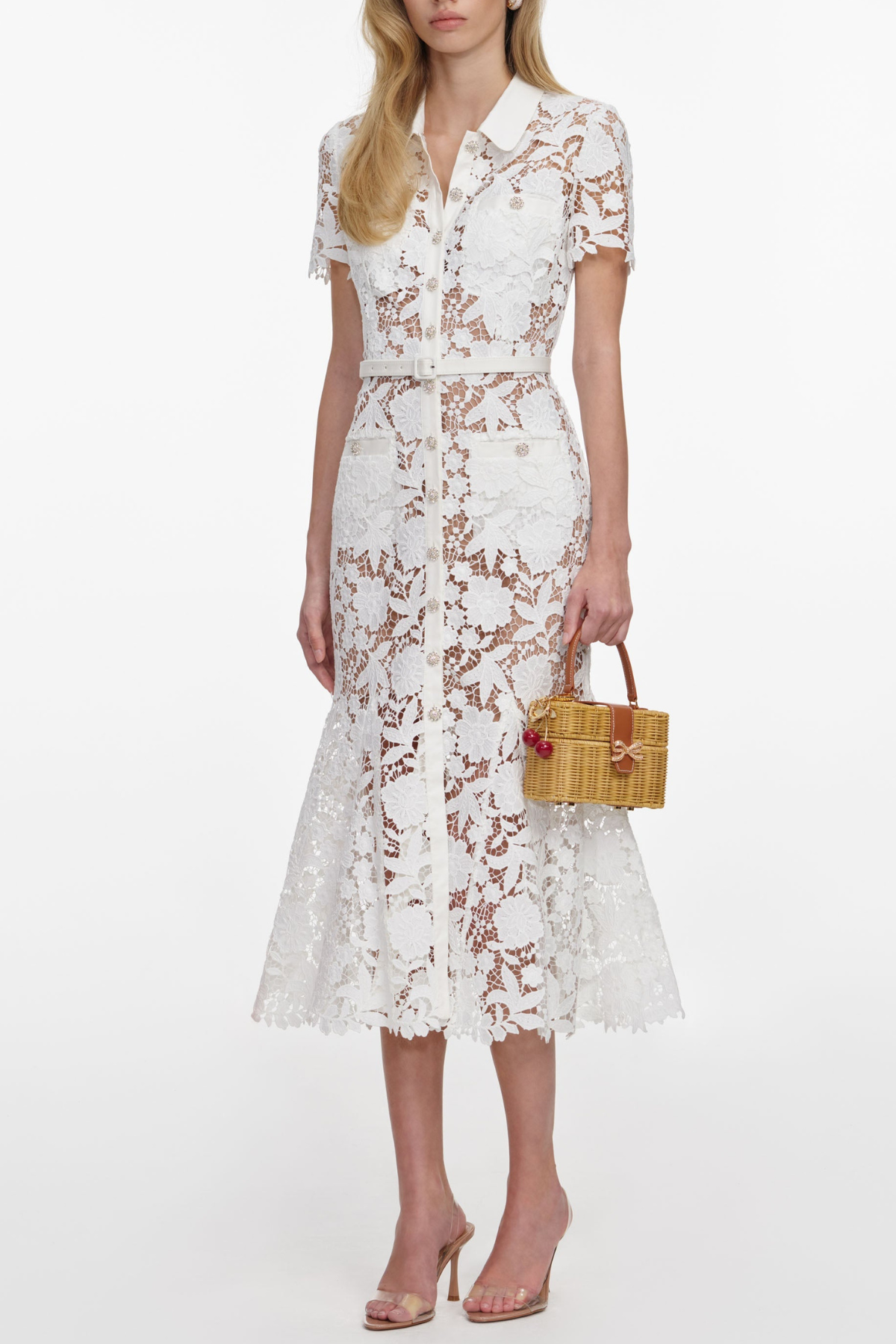 Chrysan Floral Lace Belted Midi Dress