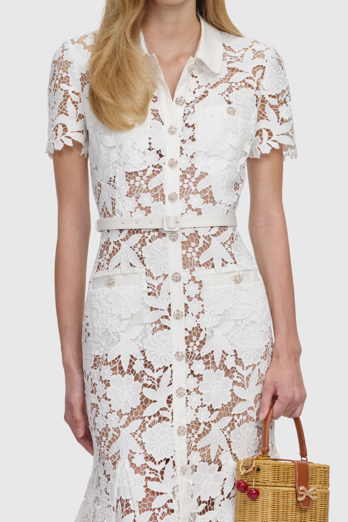 Chrysan Floral Lace Belted Midi Dress
