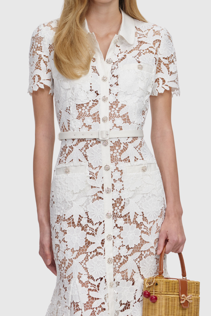 Chrysan Floral Lace Belted Midi Dress