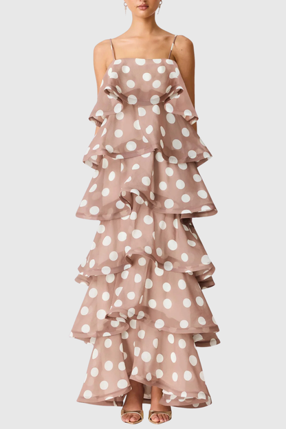 Cilliana Polka Dot Tiered Maxi Dress - Brown