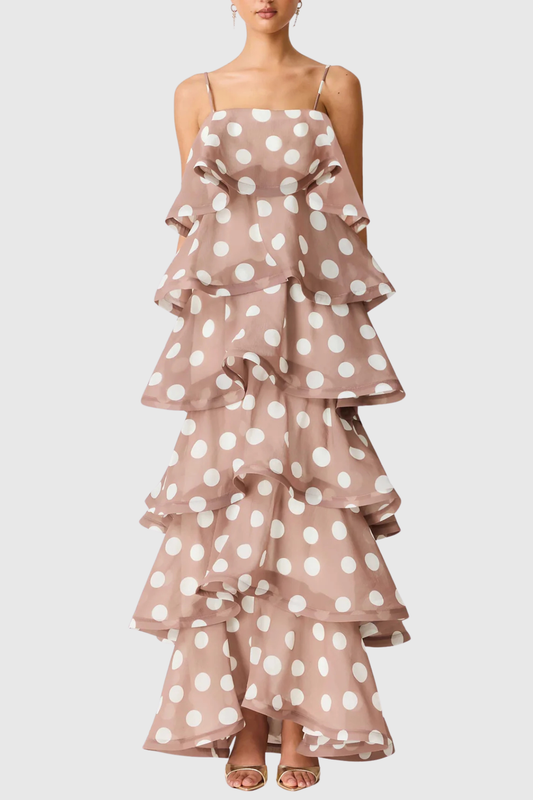Cilliana Polka Dot Tiered Maxi Dress - Brown