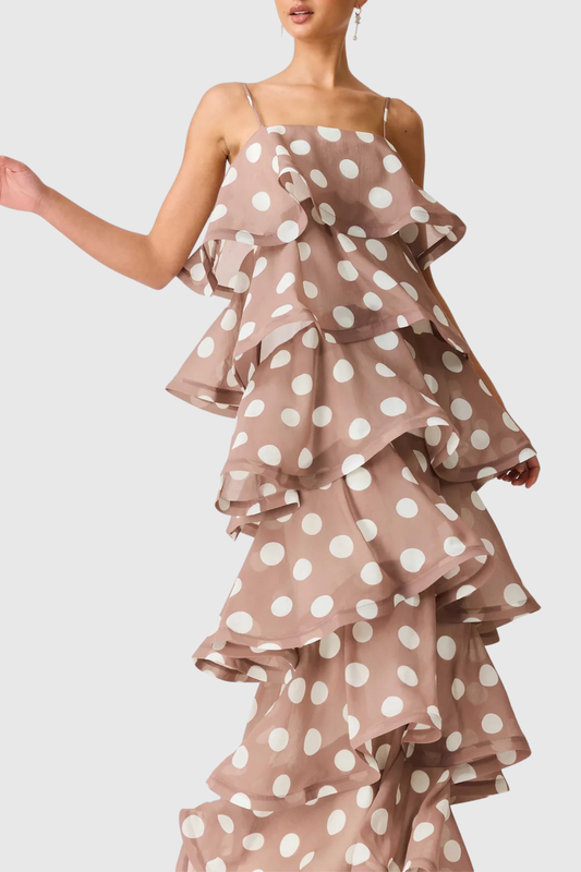Cilliana Polka Dot Tiered Maxi Dress - Brown