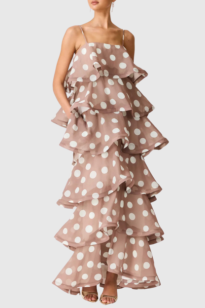 Cilliana Polka Dot Tiered Maxi Dress - Brown