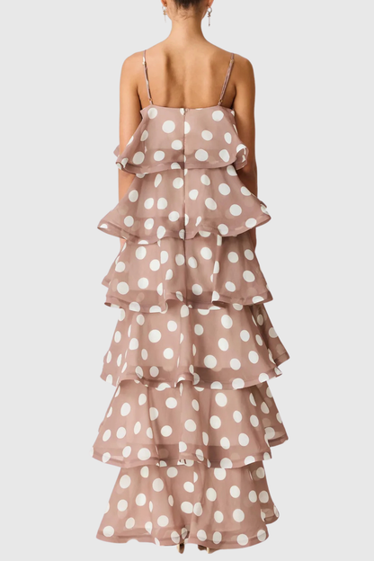 Cilliana Polka Dot Tiered Maxi Dress - Brown