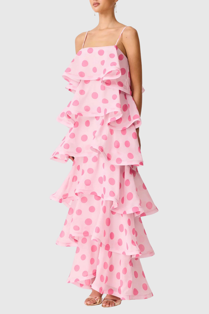 Cilliana Polka Dot Tiered Maxi Dress - Pink