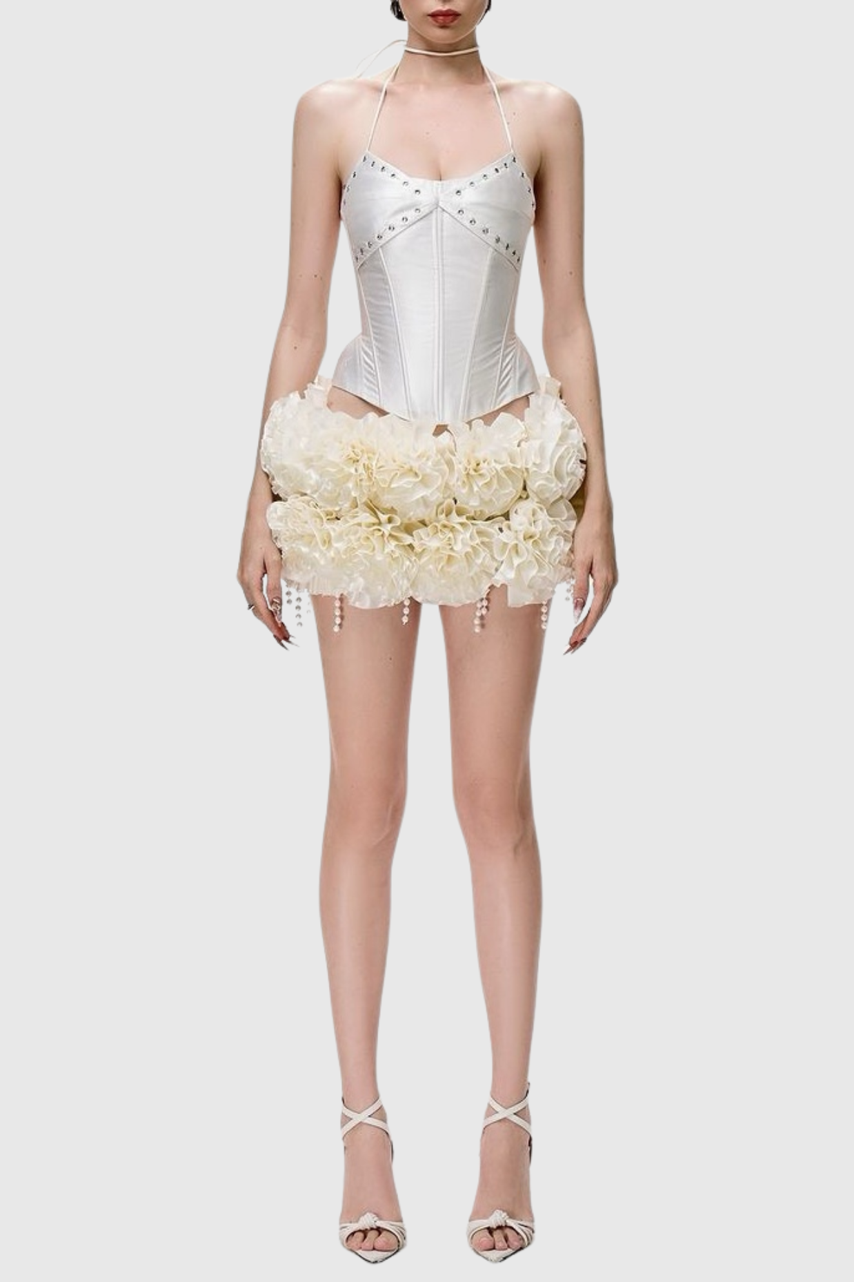 Orsolya Floral Pearl Corset Two Piece Set - Ivory