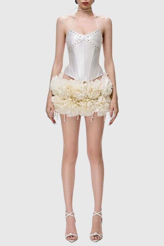Orsolya Floral Pearl Corset Two Piece Set - Ivory