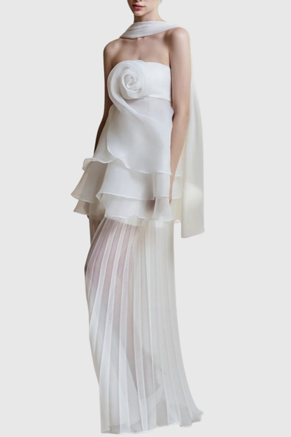 Citrine Floral Strapless Pleated Maxi Dress
