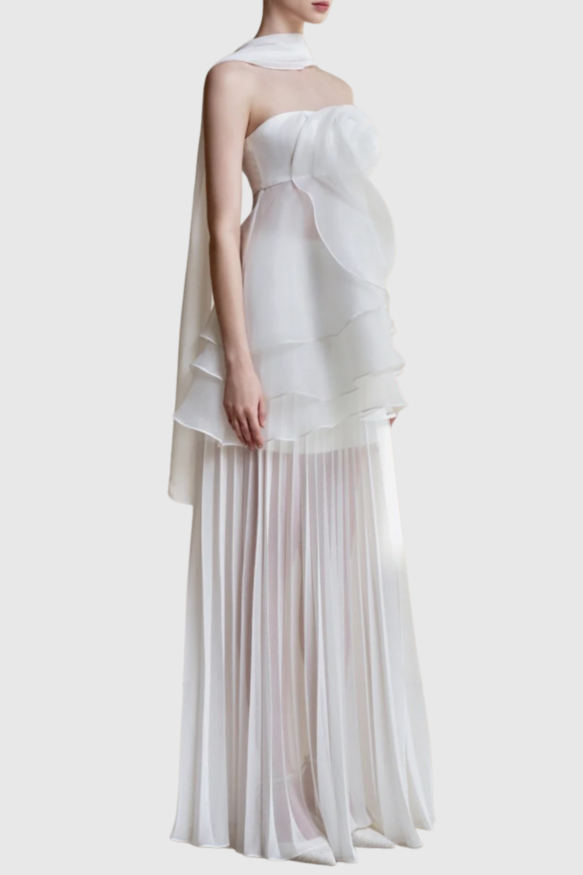 Citrine Floral Strapless Pleated Maxi Dress