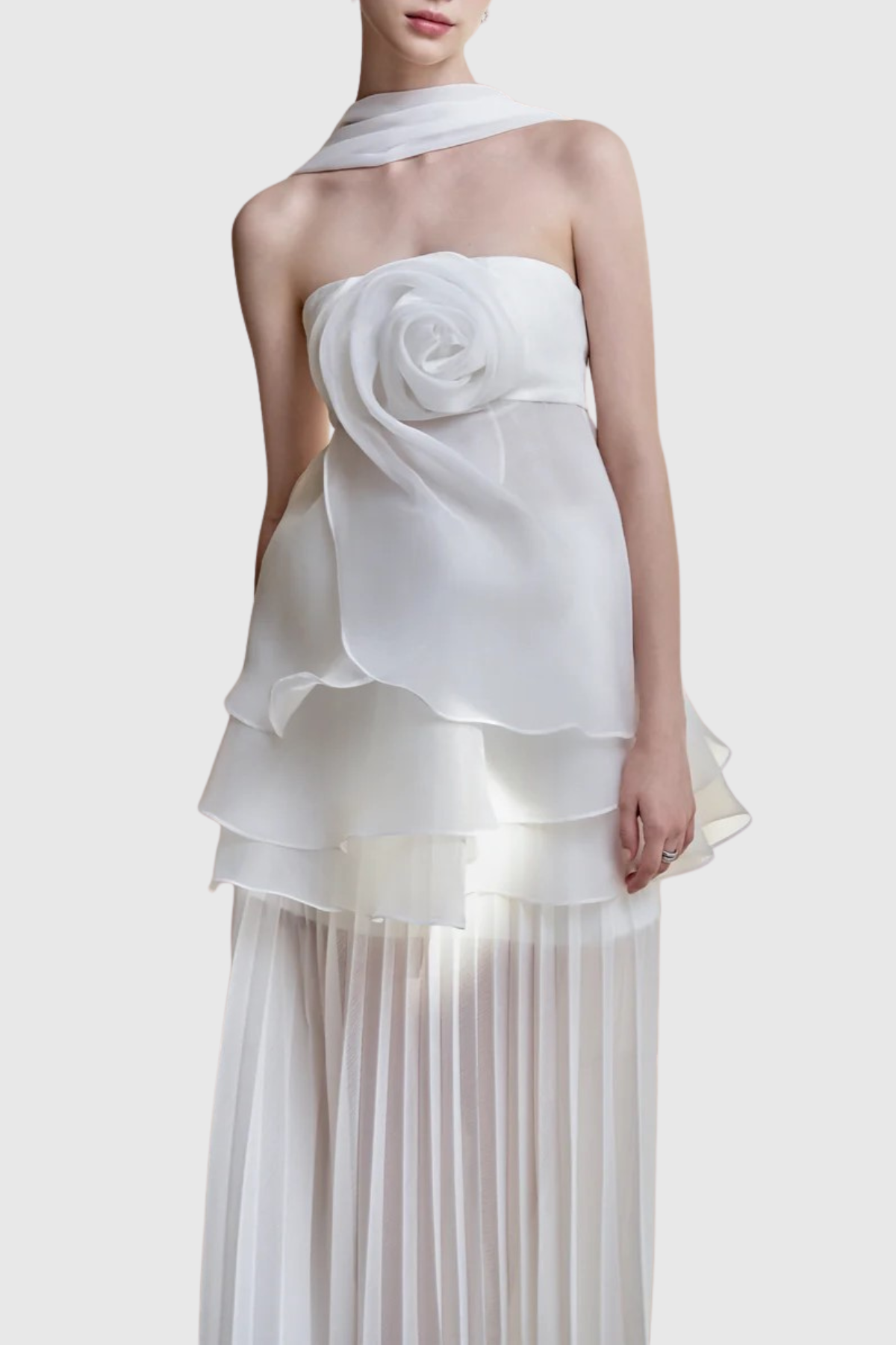Citrine Floral Strapless Pleated Maxi Dress
