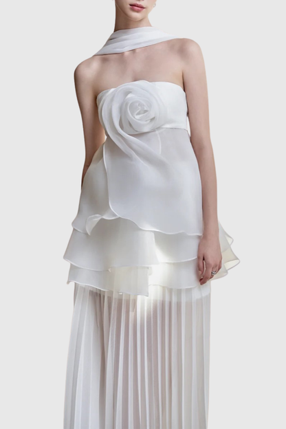 Citrine Floral Strapless Pleated Maxi Dress