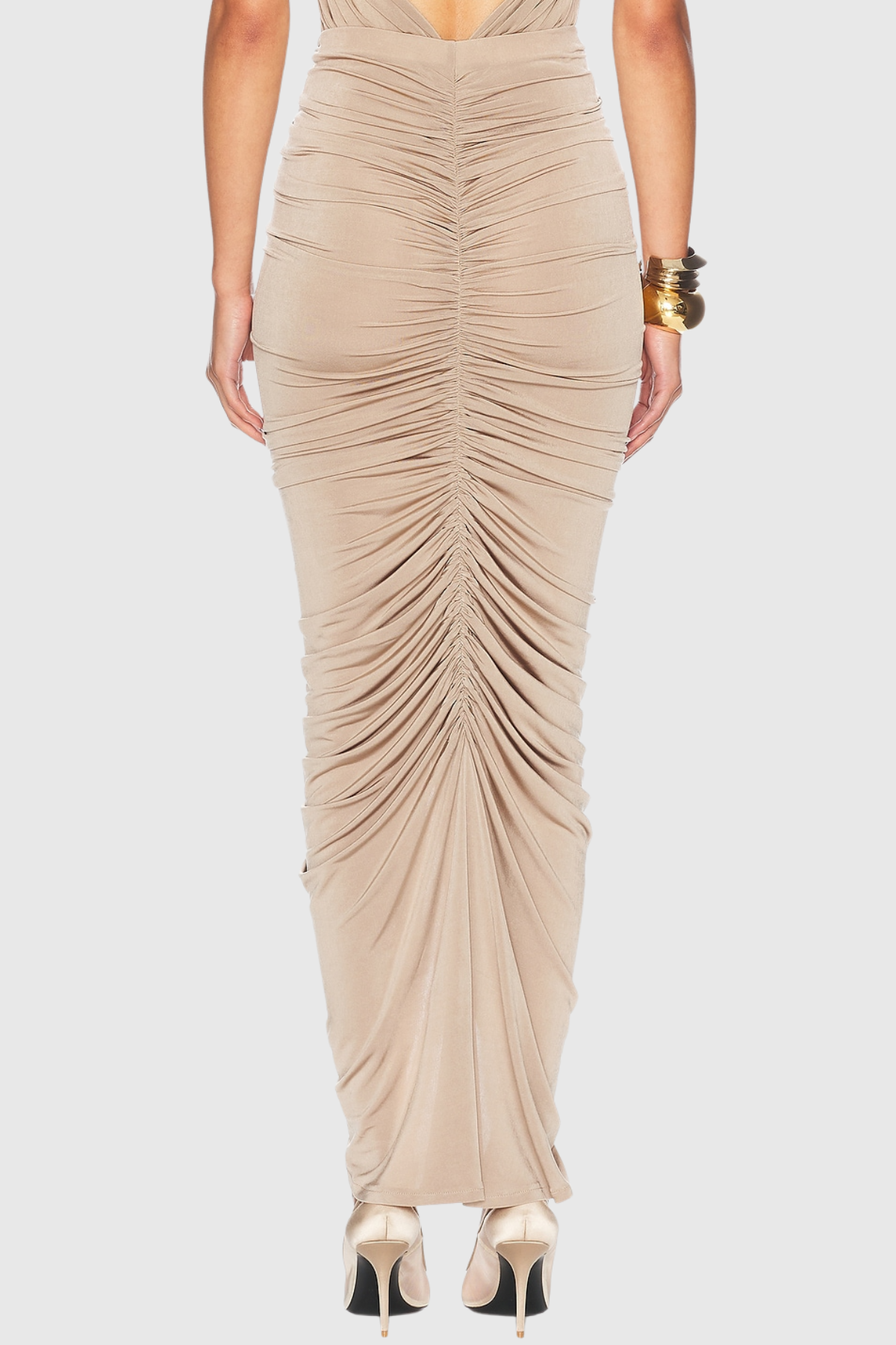 Citrine Halter Ruched Maxi Dress - Beige
