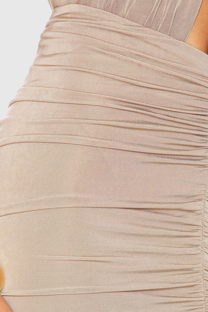 Citrine Halter Ruched Maxi Dress - Beige