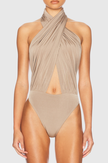 Citrine Halter Ruched Maxi Dress - Beige