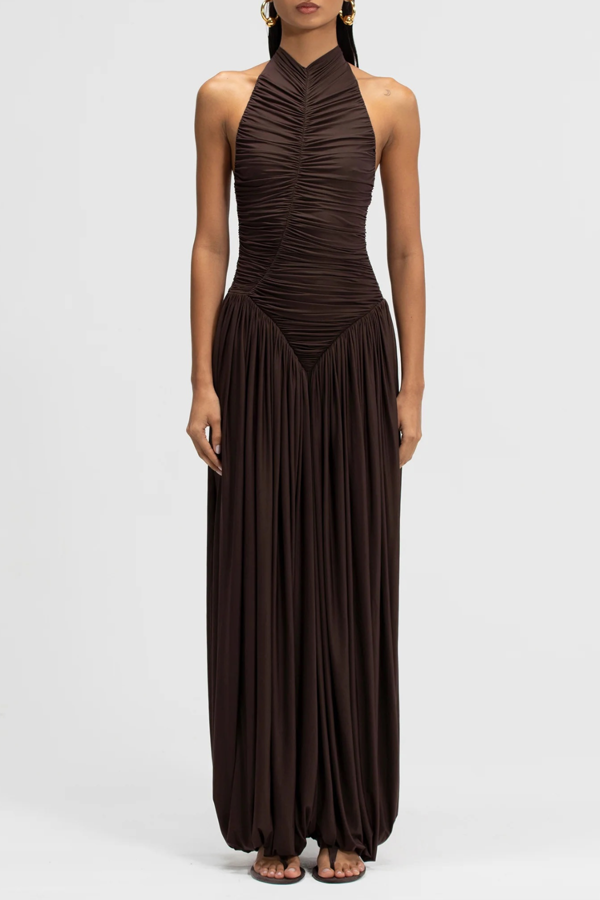 Claudette Halter Ruched Jumpsuit - Brown