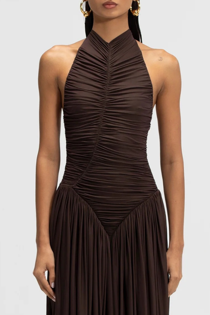 Claudette Halter Ruched Jumpsuit - Brown
