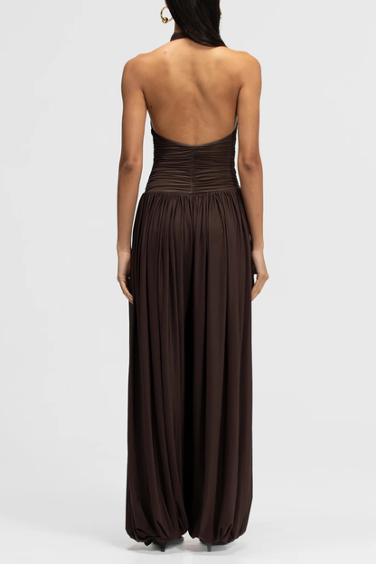 Claudette Halter Ruched Jumpsuit - Brown