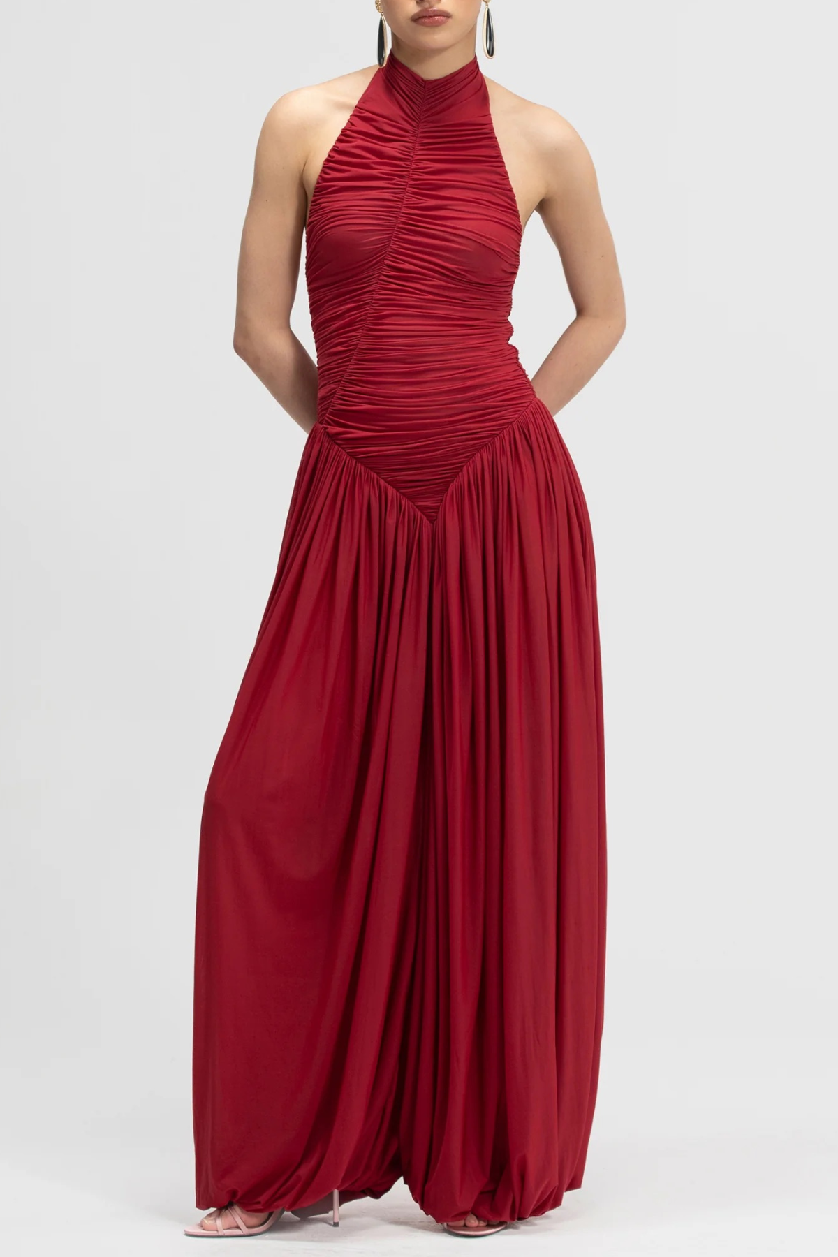Claudette Halter Ruched Jumpsuit - Red