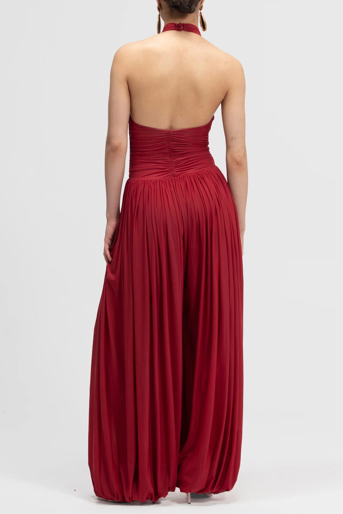 Claudette Halter Ruched Jumpsuit - Red