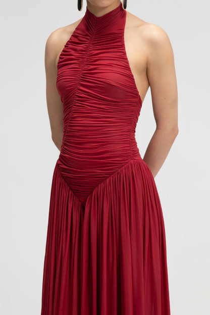 Claudette Halter Ruched Jumpsuit - Red